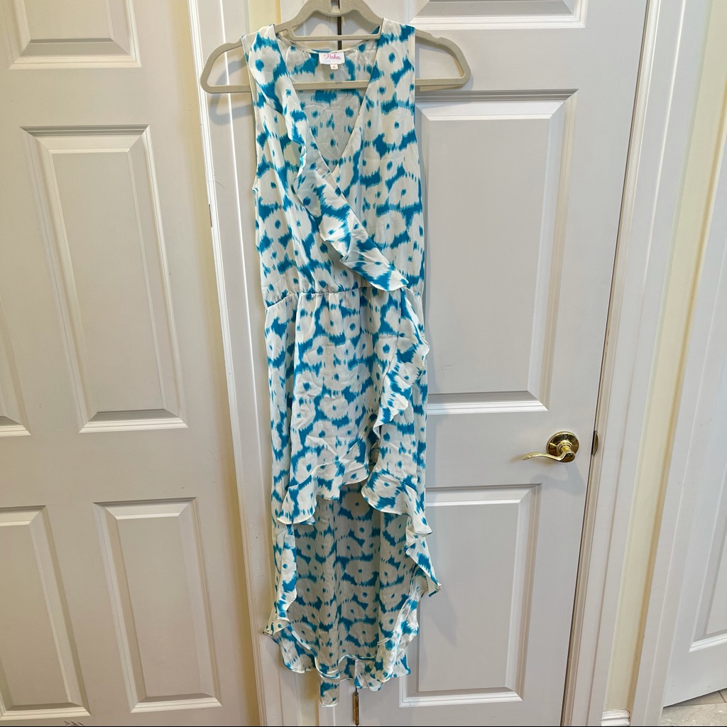 Parker White And Blue Print Silk High-Low Dress